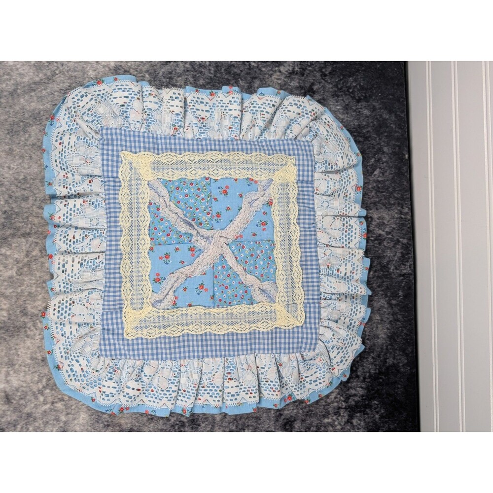 Vtg Hand Quilted 12" Blue Floral Pillow Case Cottagecore Grannycore ShabbyChic